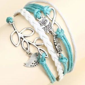 Multilayer Turquoise Color PU Leather Bracelet Owls, Bird, Leaves Infinity Charm